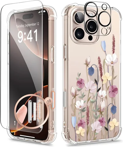 Miniatura 107 de GVIEWIN Funda diseñada para iPhone 13 de 6.1 pulgadas, con protector de pantalla de vidrio templado + protector de lente de cámara, flor