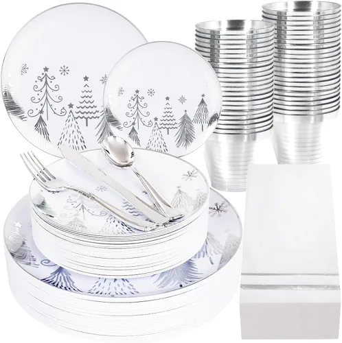 Miniatura 14 de Liacere 175 piezas de platos desechables de plástico navideños rojos y blancos - Incluye 25 platos de postre, 25 platos para cena, 25 cuchillos, 25