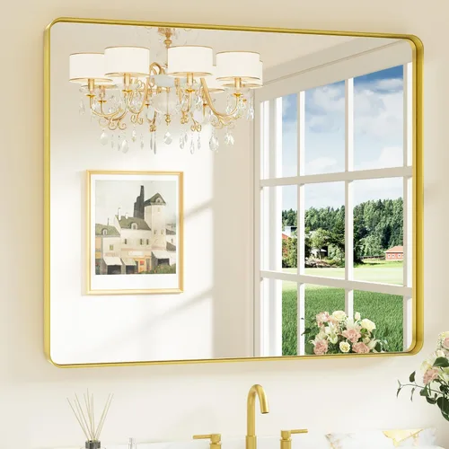 Miniatura 13 de Keonjinn Espejos de baño negros para sobre el fregadero, espejos cuadrados grandes de 36 x 36 pulgadas para pared, espejo rectangular redondeado