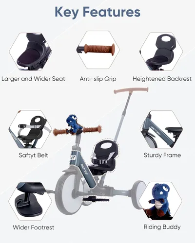 Miniatura 4 de RIDYEE Triciclo 5 en 1 para niños de 1.5 a 3 años, triciclo de dirección para padres, convertible sin herramientas para equilibrar la bicicleta, gris