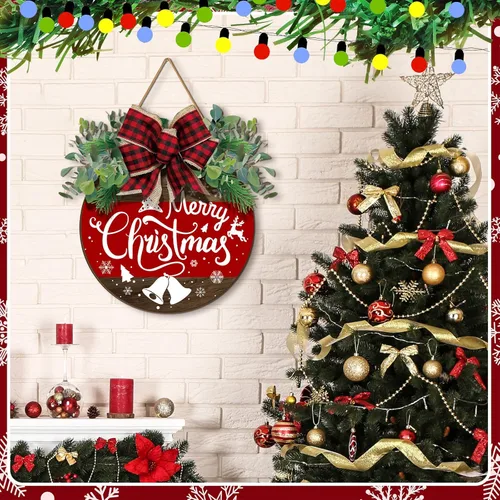 Miniatura 5 de Boao Decoraciones de puerta de Navidad de madera con texto en inglés «Merry Christmas» para puerta delantera, colgador de letrero con lazo rojo a