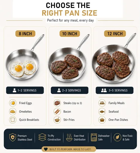 Miniatura 3 de DELARLO Sartén de acero inoxidable de tres capas con tapa de 12 pulgadas, compatible con todas las estufas de hasta 600 ℉, sartén de acero