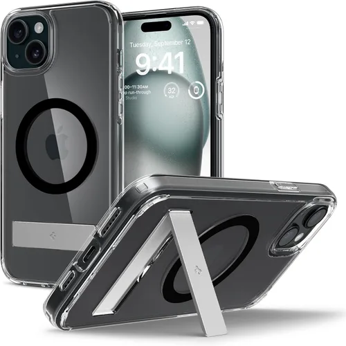 Spigen Funda ultra híbrida S MagFit diseñada para iPhone 15 (2023) [Kickstand] [Amti Yellowing], compatible con MagSafe, color negro