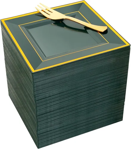 Miniatura 10 de WDF Platos de postre de plástico plateado con tenedores de plástico, 100 platos cuadrados desechables para aperitivos, platos pequeños con borde