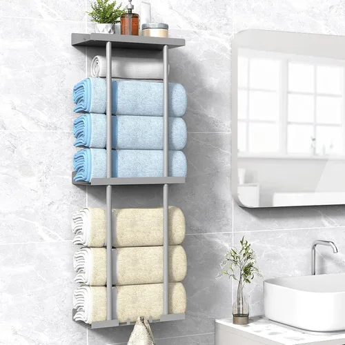 Miniatura 15 de Liuoud Toallero para Baño, Organizador Portador de Almacenamiento de Toallas Enrolladas Vertical Montado en la Pared con Estante, Sostiene Hasta 6