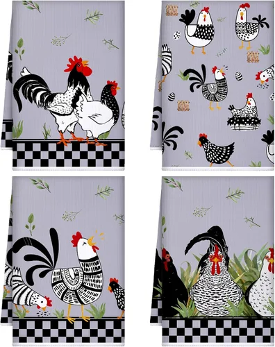 Miniatura 15 de Geyoga 4 toallas de cocina de pollo, gallo, toallas de mano con animales de granja, vaca, vintage, rústico, paño de té para primavera, Pascua, baño