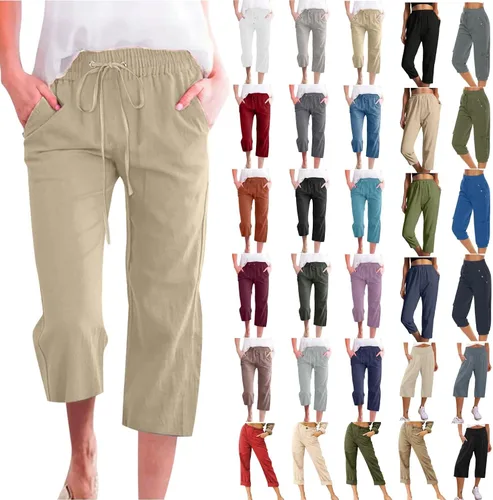 Miniatura 6 de WKSCLPAI Pantalones capri para mujer, casuales, de verano, talla grande, de lino, cintura alta, con cordón, pantalones cortos con bolsillos