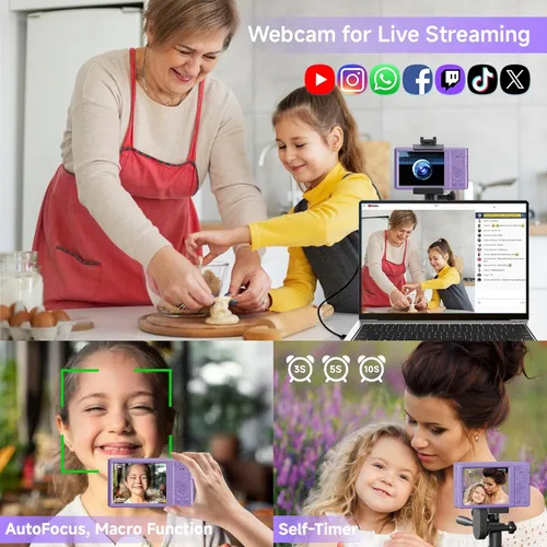Miniatura 5 de Cámara digital para adolescentes, cámara digital FHD 4K 44MP color púrpura con tarjeta SD de 64GB, zoom digital 16X, cámaras para fotografía, cámara