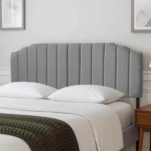 Miniatura 12 de Cabecera tapizada de altura ajustable, cabecera de terciopelo crema, diseño moderno de canal vertical con borde superior de silueta escalonada Beige