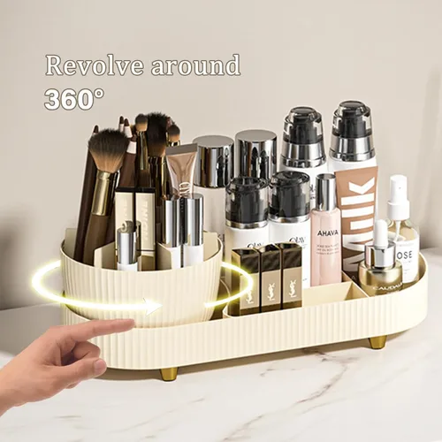 Miniatura 3 de Organizador de maquillaje giratorio para tocador con soporte para pinceles, almacenamiento de maquillaje cosmético, vitrinas de lociones