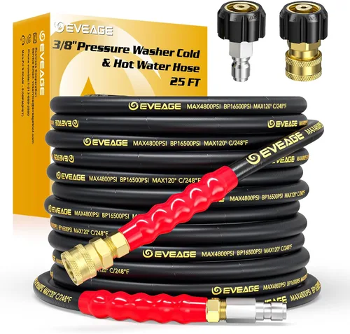 EVEAGE Manguera de lavado a presión de 3/8" 7.6 m, 33,100 kPa Grado industrial con trenzado de alambre de acero y revestimiento de goma sintética,