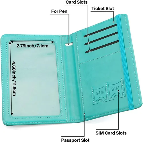 Miniatura 5 de Soporte para pasaporte y tarjetero de vacuna, cartera para pasaporte, funda para pasaporte con bloqueo RFID, Azul lago, Compacto