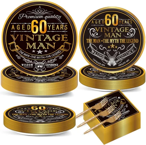 gisgfim 200 platos y servilletas de cumpleaños 60 para hombres, decoraciones vintage de cumpleaños 60 de 1966 saludos a 60 años, platos de papel,
