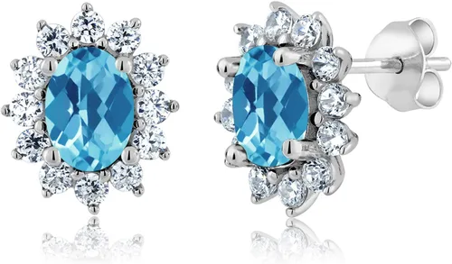 Miniatura 231 de Gem Stone King Aretes ovalados de plata de ley 925 de 0.276 x 0.197 in con piedra natal de la princesa Diana, estilo halo real para mujeres