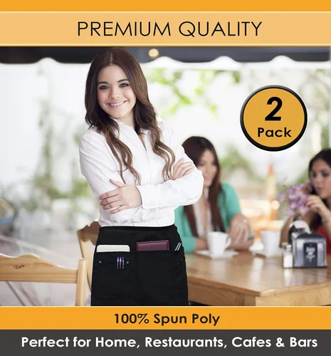 Miniatura 2 de Brtex Delantales de servidor con 5 bolsillos (paquete de 2) – Delantales de cintura negra de grado comercial para mujeres y hombres – Restaurantes