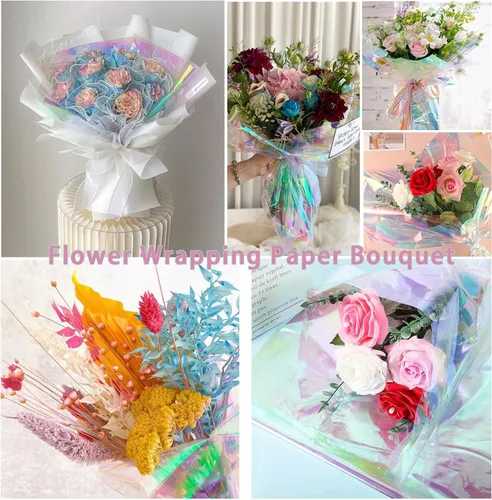 Miniatura 3 de GcFoir Papel de regalo transparente para arco iris de flores, rollo de celofán iridiscente de 34 pulgadas x 100 pies, rollo de celofán iridiscente