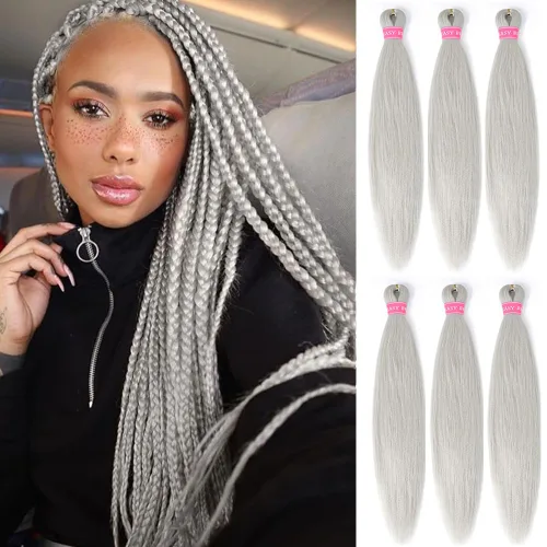 Miniatura 8 de Cabello para trenzar preestirado plateado, 20 pulgadas, 6 paquetes de extensiones de cabello trenzado Ombre preestiradas para mujeres, fibra