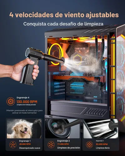Miniatura 4 de Plumero de Aire Comprimido, 130,000RPM Plumero Eléctrico Inalámbrico Ultrapoderoso con Batería Recargable de 8000mAh, Soplador de Aire Ajustable