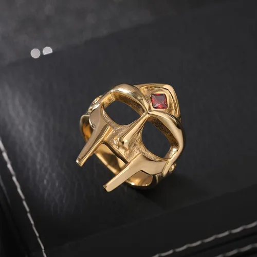 Miniatura 6 de DOOM - Anillo de máscara para hombre, estilo gladiador, anillo de acero inoxidable de titanio dorado rubí