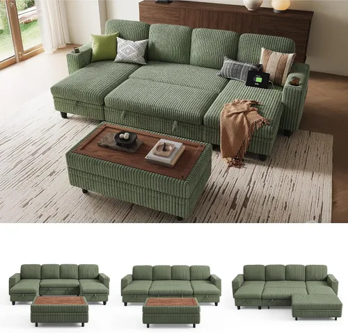 Miniatura 35 de LINSY HOME - Sofá cama extraíble modular con sección para dormir, con almacenamiento, sofá seccional de pana mullida para sala de estar, sofá cama
