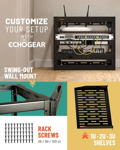 Miniatura 9 de ECHOGEAR Bastidor de red de 10U - Diseño de 4 postes resistente para montaje en pared, con estructura abierta que incluye 2 estantes ventilados