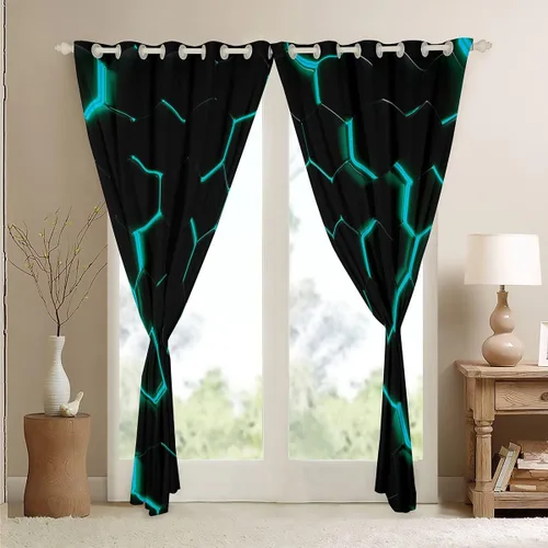 Miniatura 4 de Feelyou Cortinas hexagonales con estampado verde azulado y negro, para dormitorio, sala de estar, niños, adolescentes, decoración de panal de abeja