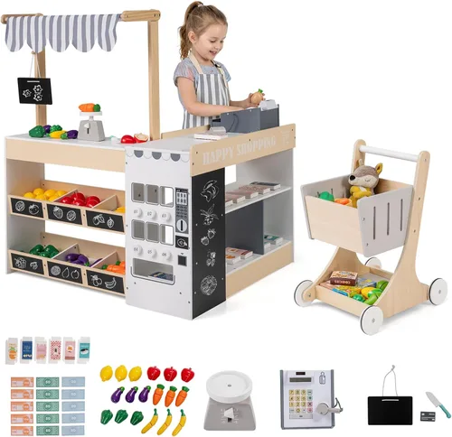 Miniatura 10 de Costzon Juego de simulación para tienda de comestibles, tienda de juegos de madera, juego de supermercado para niños pequeños con caja registradora