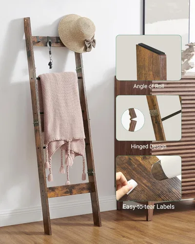 Miniatura 7 de Hzuaneri Escalera para Mantas para Sala de Estar, Estante Decorativo para Colchas con 4 Ganchos Desmontables, Organizador de Estante Soporte