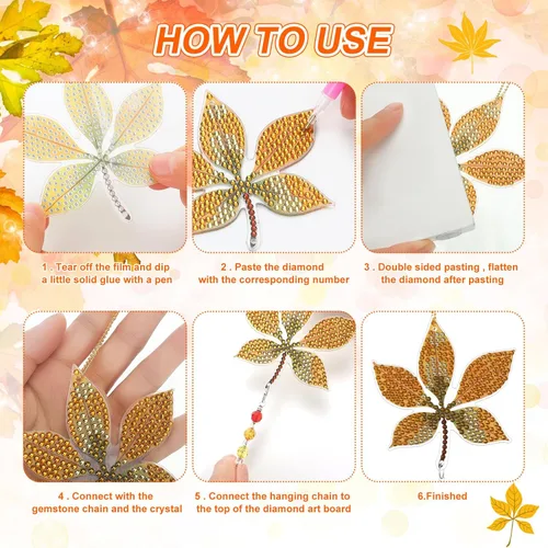 Miniatura 4 de Yeaqee Juego de 6 llaveros de arte de diamantes de otoño para adultos, hojas de arce, pintura de diamante, campanillas de viento de doble cara 5D