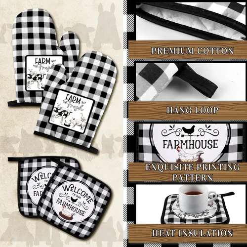 Miniatura 4 de Bencailor 6 piezas de toallas de cocina de granja, guantes de horno y soportes para ollas, paños decorativos para cocina, té, antideslizantes, blanco