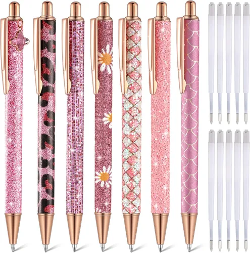 Miniatura 20 de Sherr 7 bolígrafos elegantes para mujer, lindos bolígrafos de purpurina brillantes con 10 recambios de tinta negra, bonitos regalos para niñas