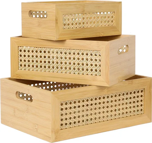 Miniatura 10 de ANMINY Juego de 4 cajas de madera anidables para almacenamiento, contenedores de almacenamiento de madera de bambú, cajas de almacenamiento