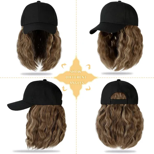 Miniatura 2 de Gorra de béisbol con extensiones de cabello, peluca ajustable, gorra rizada de 14 pulgadas, peluca sintética para mujer, marrón claro mezcla
