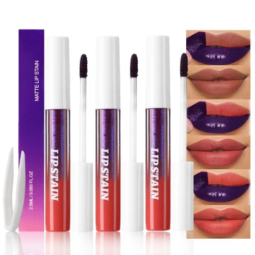 Miniatura 14 de evpct Tintas de labios que se despegan de color rojo mauve profundo con pinza, lápiz labial líquido mate de larga duración, resistente al agua