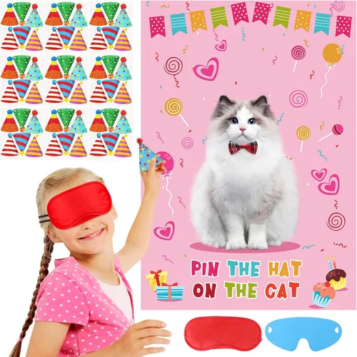 Miniatura 4 de Juego de fiesta de Hooqict Pin The Hat On The Cat para gatos, juegos de fiesta de cumpleaños de gato para niños, suministros de fiesta de cumpleaños