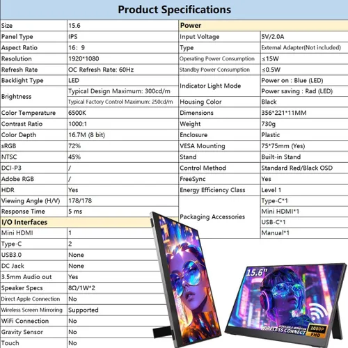 Miniatura 5 de QQU Monitor portátil inalámbrico de 15.6 pulgadas, monitor HDR Eye cuidadoso para juegos, extensor de pantalla de computadora FHD IPS/HDR