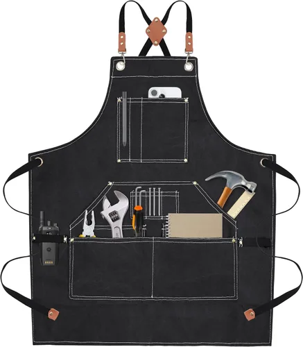 Miniatura 5 de Black Handmade Work Apron with 11 Tool Pockets, Heavy Duty Waxed Canvas Workshop Tool Aprons Woodworking Apron