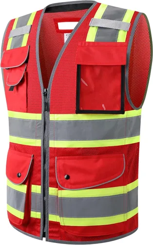 Miniatura 19 de JKSafety Chaleco de seguridad frontal con cremallera de alta visibilidad de 9 bolsillos de color dual MESH Lite Tira reflectante con ribete