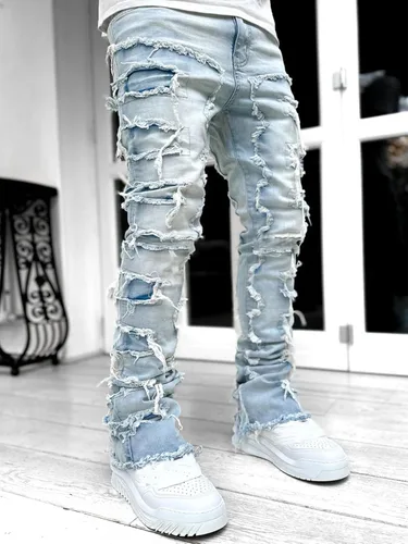 Miniatura 5 de LouVasabuce Pantalones de mezclilla desgastados desgastados y desgastados para hombre, corte recto, ajuste regular, pantalones de mezclilla apilados
