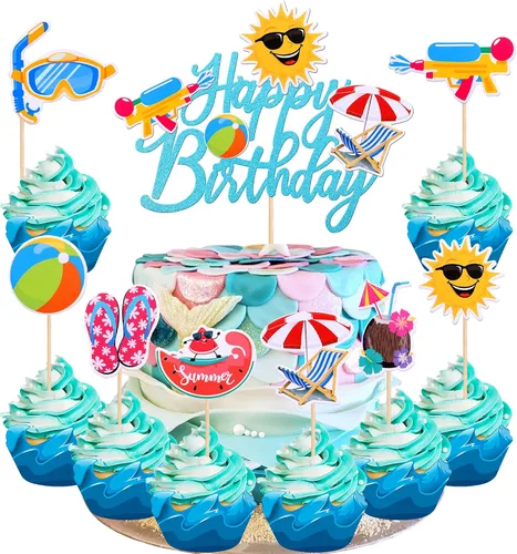 Miniatura 10 de 7 piezas de hojas tropicales con purpurina para tartas, plantas verdes de la selva, paletas, hojas de palmera, decoración de pasteles para verano