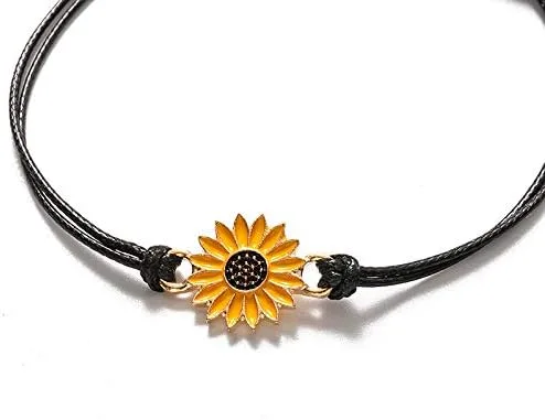 Miniatura 7 de Pulseras de girasol de moda para hombres y mujeres, hechas a mano, trenzadas con cuerda negra, dije de amistad, tarjeta de deseos, surf, joyería