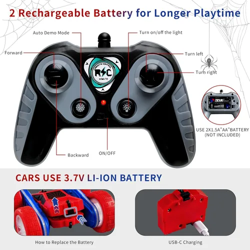 Miniatura 4 de Spider - Coche de control remoto 4WD 360° Flips RC Stunt Car Monster Truck Juguetes de doble cara Drift RC Cars con luces LED, 2 módulos de batería