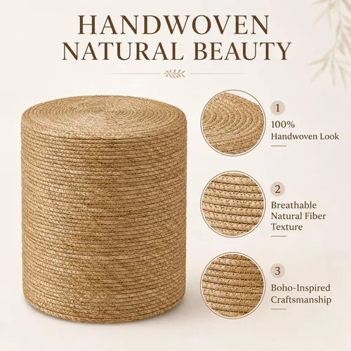 Miniatura 6 de Wimarsbon Taburete de pie de hierba marina natural, otomana redonda tejida a mano, para sala de estar, asiento al aire libre (natural)
