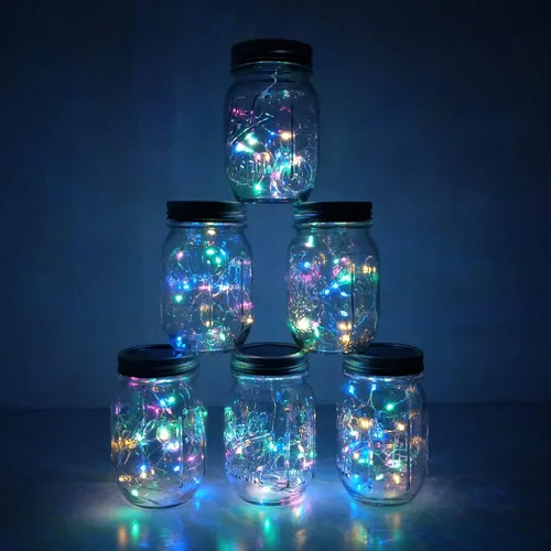 Miniatura 7 de Juego de 6 luces solares para tapa de tarro, paquete de 20 luces LED impermeables con diseño de estrella de hadas y luciérnaga, para decoración