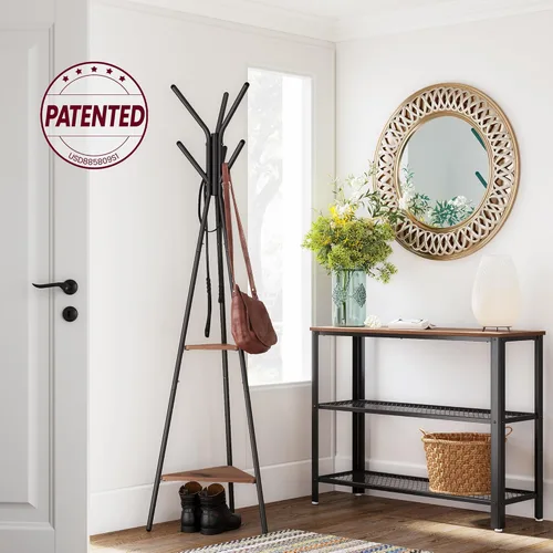 Miniatura 2 de VASAGLE Perchero Independiente, Soporte para Colgar Ropa, Árbol de Pasillo con 2 Estantes, para Ropa, Sombrero, Bolso, Estilo Industrial, Marrón