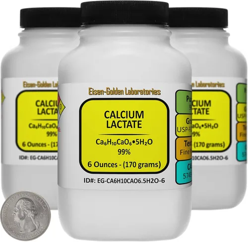 Miniatura 6 de Lactato de calcio [C6H10CaO6.5H2O] 99% USP-FCC Polvo de grado alimenticio 3 Oz en una botella