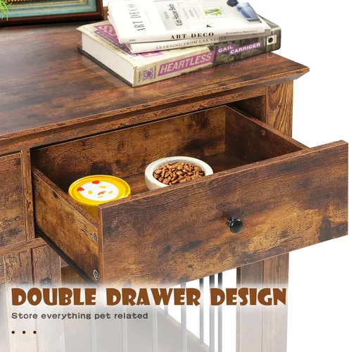 Miniatura 4 de LEMBERI Mueble de jaula para perros grande de 44 pulgadas, mesa auxiliar de madera para perros con cajones de almacenamiento, jaula decorativa