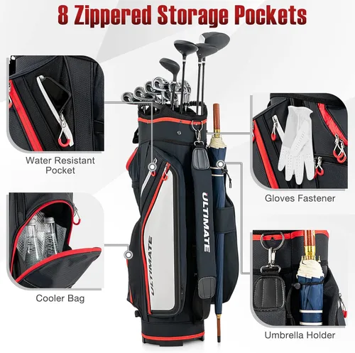 Miniatura 5 de GYMAX Bolsa de golf, bolsa de carrito de golf con divisor de 14 vías con capucha de lluvia y bolsa enfriadora, bolsa de golf impermeable para Negro