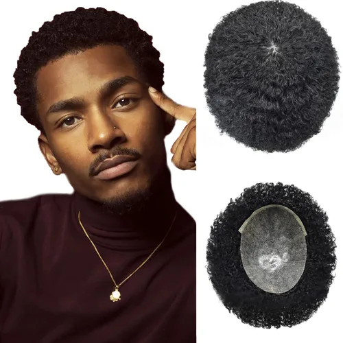 Miniatura 6 de Afro Toupee Para Hombres Negros Unidad De Cabello Humano Para Hombres Negros Pieza De Pelo PU Ingección Afro Mens Toupee 10MM #1B Off Negro