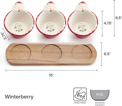 Miniatura 2 de Pfaltzgraff Winterberry Cuencos para Salsas de Papá Noel con Base de Madera, Juego de 3